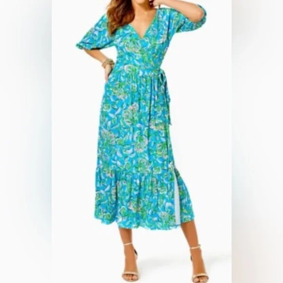 NWT! Lilly Pulitzer Brantley Midi Wrap Dress Cumulus Blue Chick Magnet Size M - Picture 3 of 12